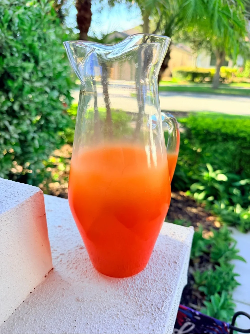 Vintage Orange Ombré Art Glass Pitcher Clear Applied Handle Wavy Rim